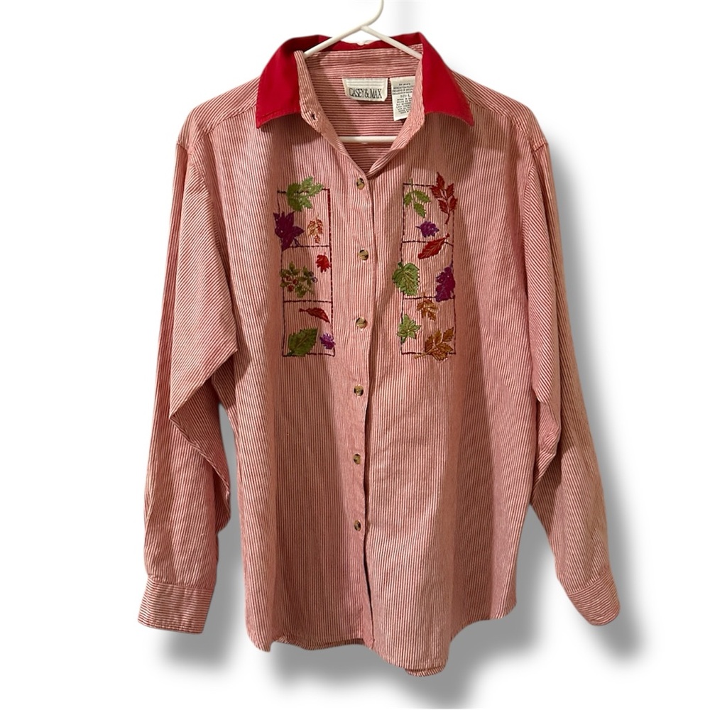 Vintage Casey & Max Red Striped Leaf Embroidered Button Up Shirt Womens Sz Large